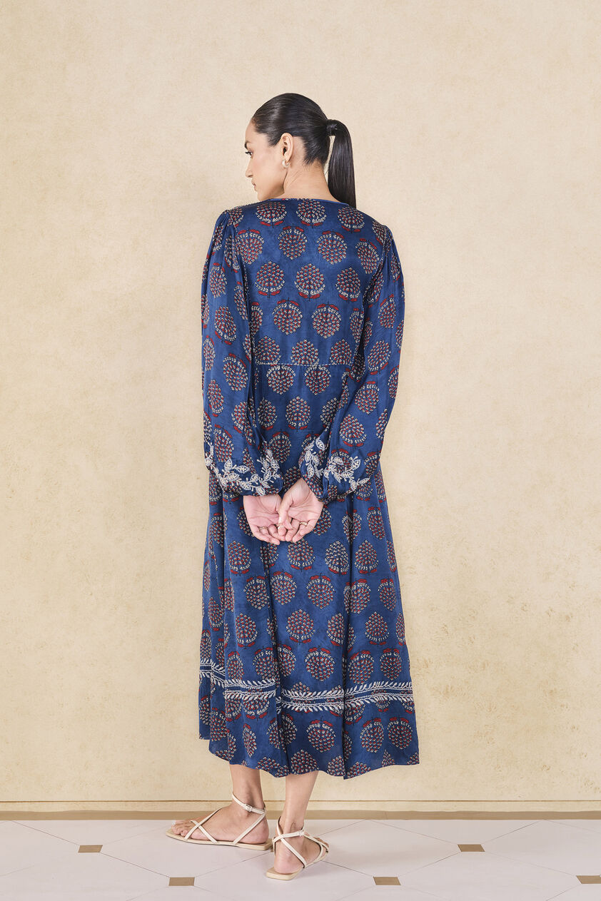 Aze Handcrafted Ajrakh A-Line Dress - Blue, Blue, image 2